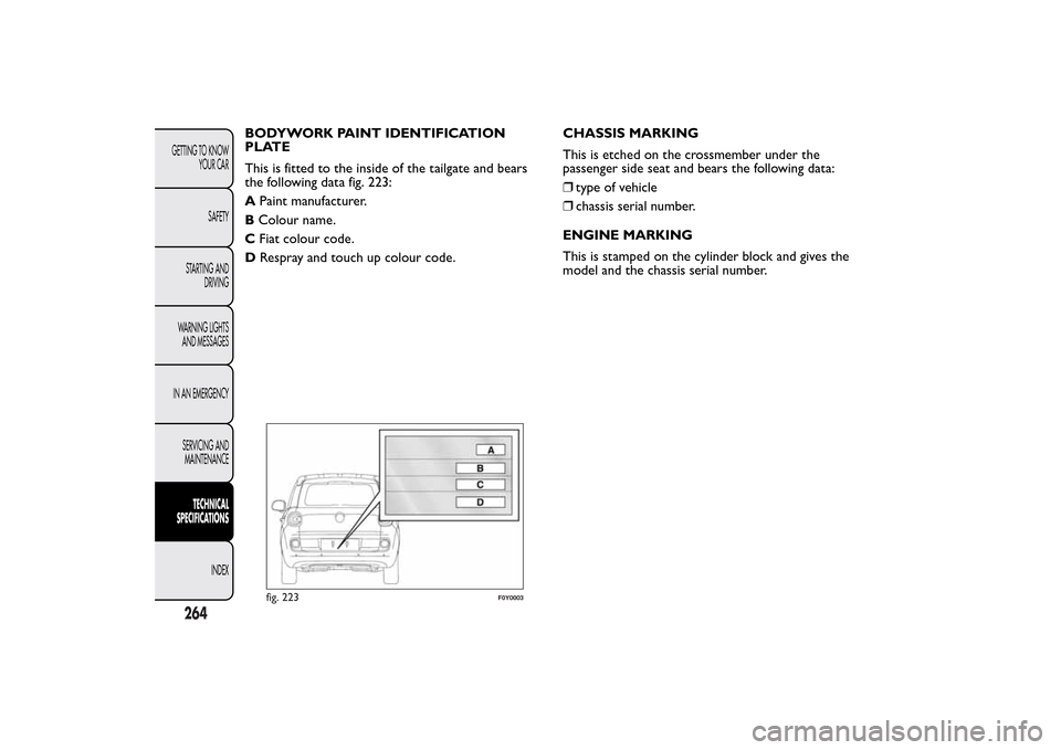 FIAT 500L LIVING 2014 2.G Owners Manual BODYWORK PAINT IDENTIFICATION
PLATE
This is fitted to the inside of the tailgate and bears
the following data fig. 223:
APaint manufacturer.
BColour name.
CFiat colour code.
DRespray and touch up colo