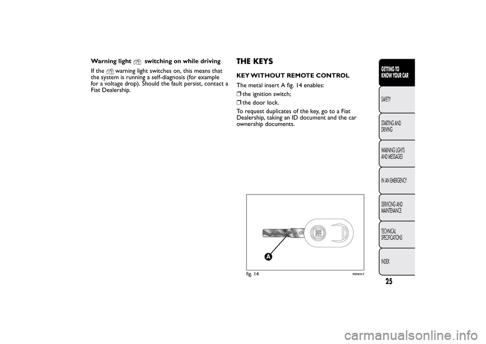 FIAT 500L LIVING 2014 2.G Owners Manual Warning light
switching on while driving
If the
warning light switches on, this means that
the system is running a self-diagnosis (for example
for a voltage drop). Should the fault persist, contact a
