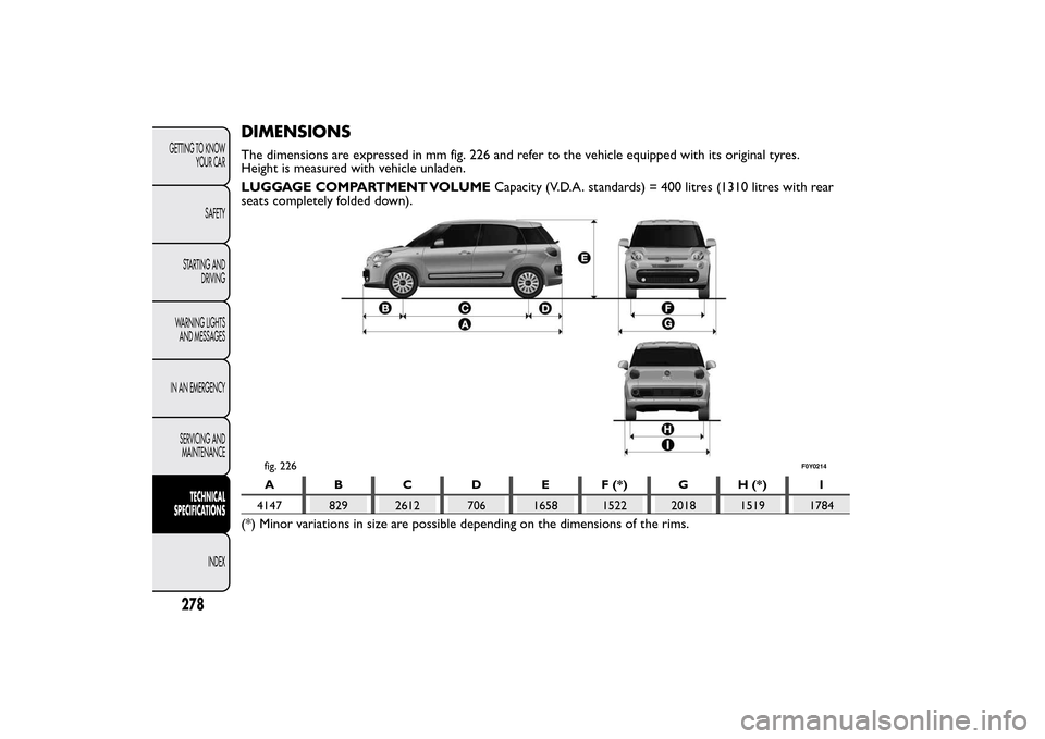 FIAT 500L LIVING 2014 2.G Owners Manual DIMENSIONSThe dimensions are expressed in mm fig. 226 and refer to the vehicle equipped with its original tyres.
Height is measured with vehicle unladen.
LUGGAGE COMPARTMENT VOLUMECapacity (V.D.A. sta