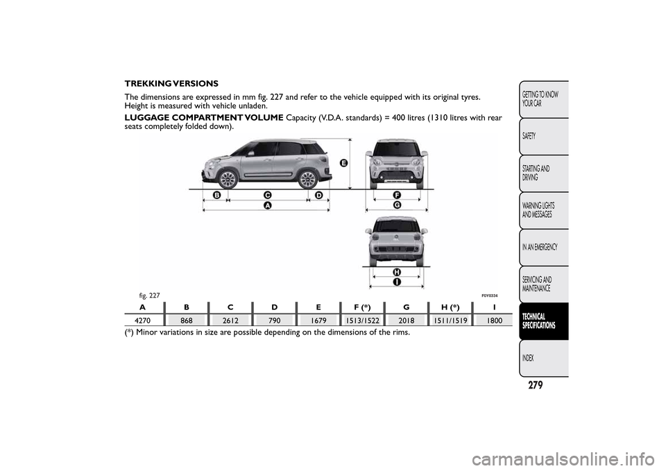 FIAT 500L LIVING 2014 2.G Owners Manual TREKKING VERSIONS
The dimensions are expressed in mm fig. 227 and refer to the vehicle equipped with its original tyres.
Height is measured with vehicle unladen.
LUGGAGE COMPARTMENT VOLUMECapacity (V.