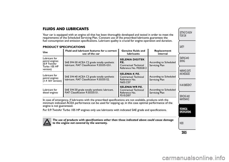 FIAT 500L LIVING 2014 2.G Owners Manual FLUIDS AND LUBRICANTSYour car is equipped with an engine oil that has been thoroughly developed and tested in order to meet the
requirements of the Scheduled Servicing Plan. Constant use of the prescr