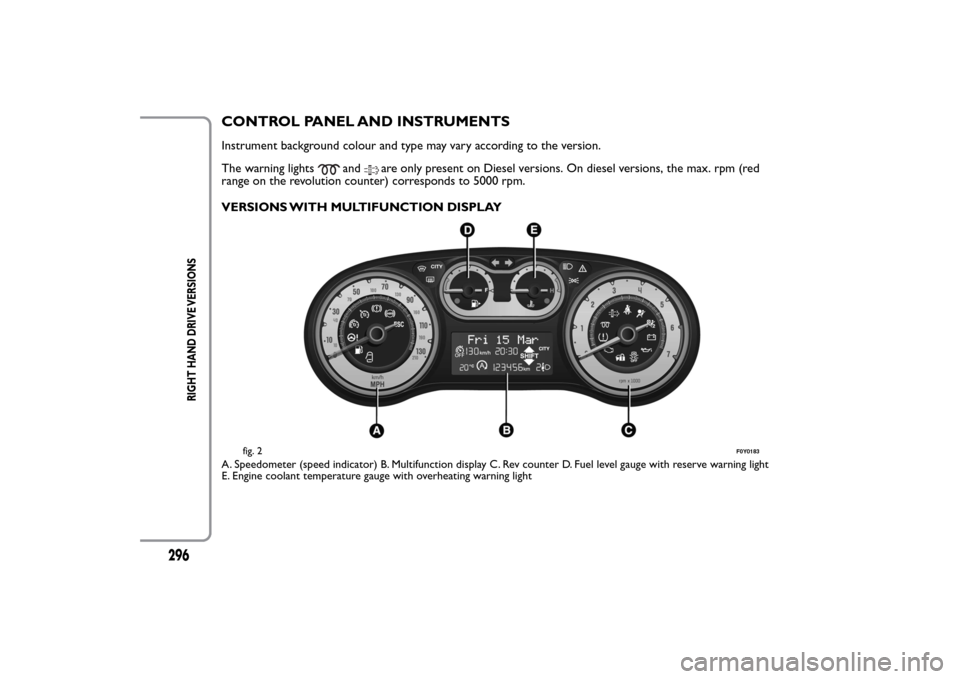 FIAT 500L LIVING 2014 2.G Owners Manual CONTROL PANEL AND INSTRUMENTSInstrument background colour and type may vary according to the version.
The warning lights
and
are only present on Diesel versions. On diesel versions, the max. rpm (red
