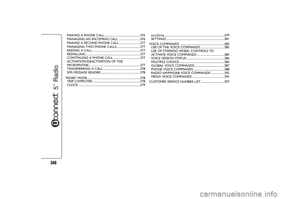 FIAT 500L LIVING 2014 2.G Owners Manual MAKING A PHONE CALL.................................................375
MANAGING AN INCOMING CALL ..............................376
MAKING A SECOND PHONE CALL .............................377
MANAGING