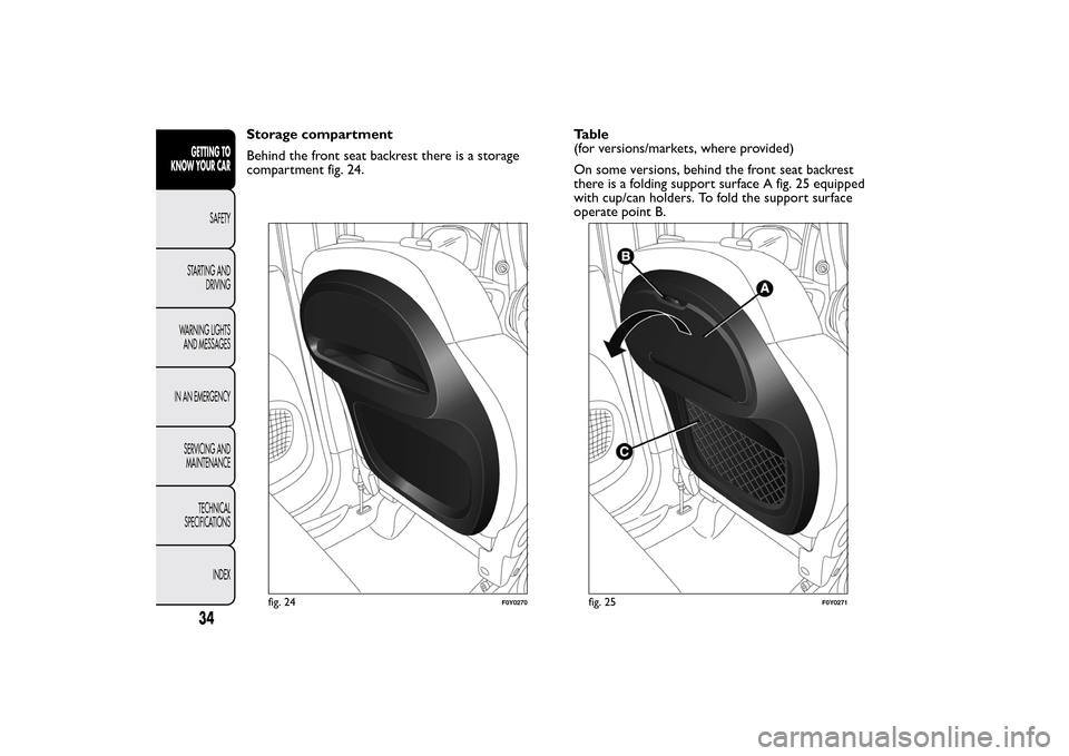 FIAT 500L LIVING 2014 2.G Owners Guide Storage compartment
Behind the front seat backrest there is a storage
compartment fig. 24.
fig. 24
F0Y0270
fig. 25
F0Y0271
34GETTING TO
KNOW YOUR CAR
SAFETY
STARTING AND
DRIVING
WARNING LIGHTS
AND MES