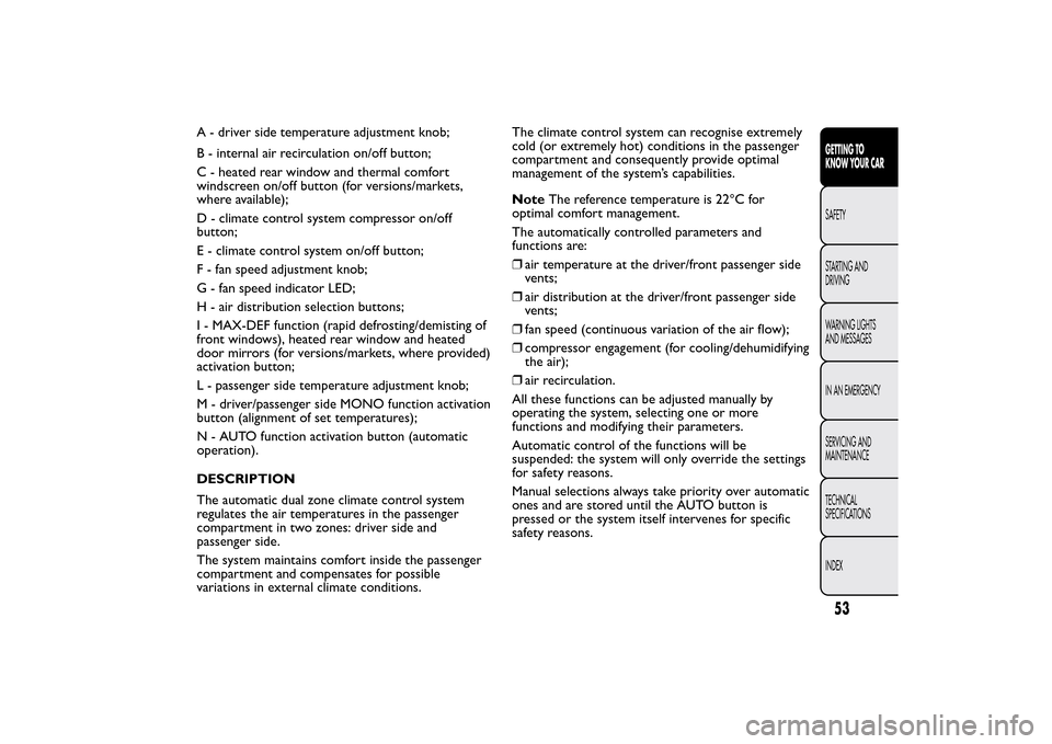 FIAT 500L LIVING 2014 2.G Owners Manual A - driver side temperature adjustment knob;
B - internal air recirculation on/off button;
C - heated rear window and thermal comfort
windscreen on/off button (for versions/markets,
where available);
