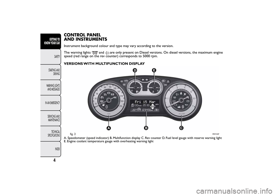 FIAT 500L LIVING 2014 2.G Owners Manual CONTROL PANEL
AND INSTRUMENTSInstrument background colour and type may vary according to the version.
The warning lights
and
are only present on Diesel versions. On diesel versions, the maximum engine