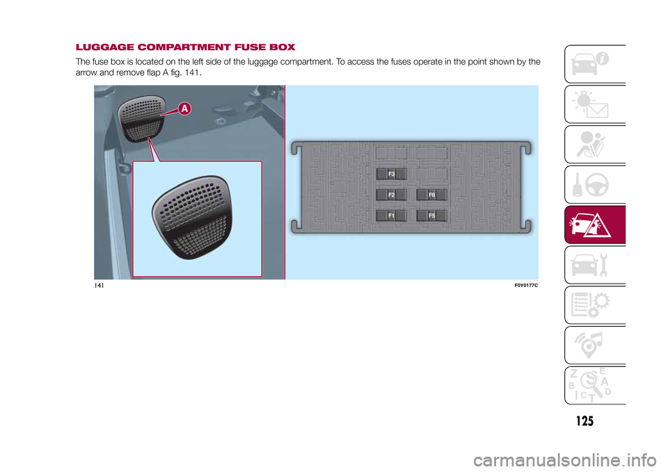 FIAT 500L LIVING 2015 2.G Owners Manual LUGGAGE COMPARTMENT FUSE BOXThe fuse box is located on the left side of the luggage compartment. To access the fuses operate in the point shown by the
arrow and remove flap A fig. 141.
141
F0Y0177C
12