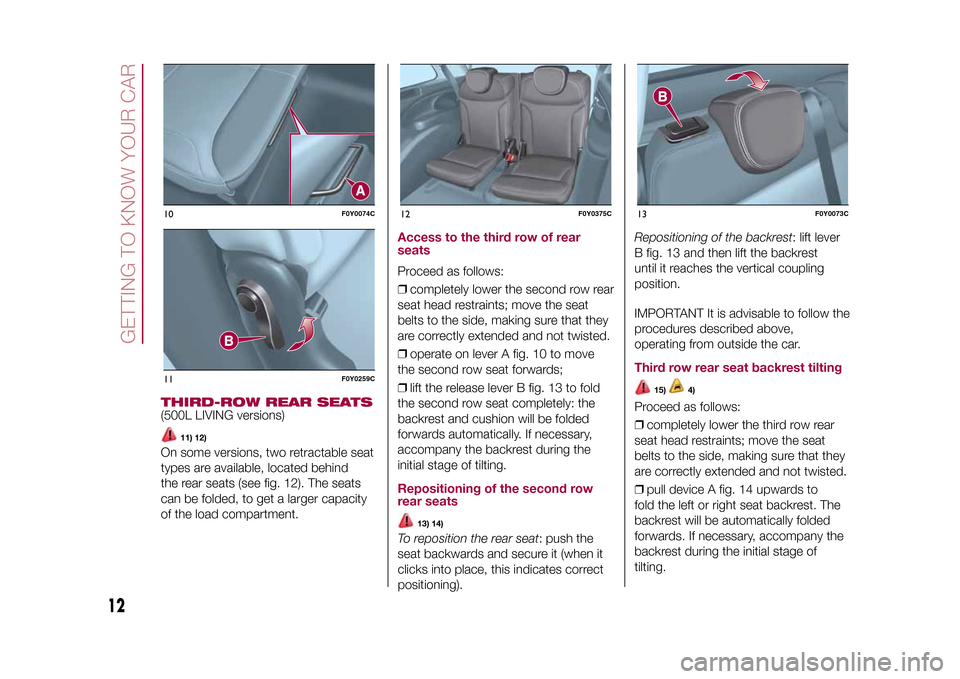 FIAT 500L LIVING 2015 2.G Owners Manual THIRD-ROW REAR SEATS(500L LIVING versions)
11) 12)
On some versions, two retractable seat
types are available, located behind
the rear seats (see fig. 12). The seats
can be folded, to get a larger cap