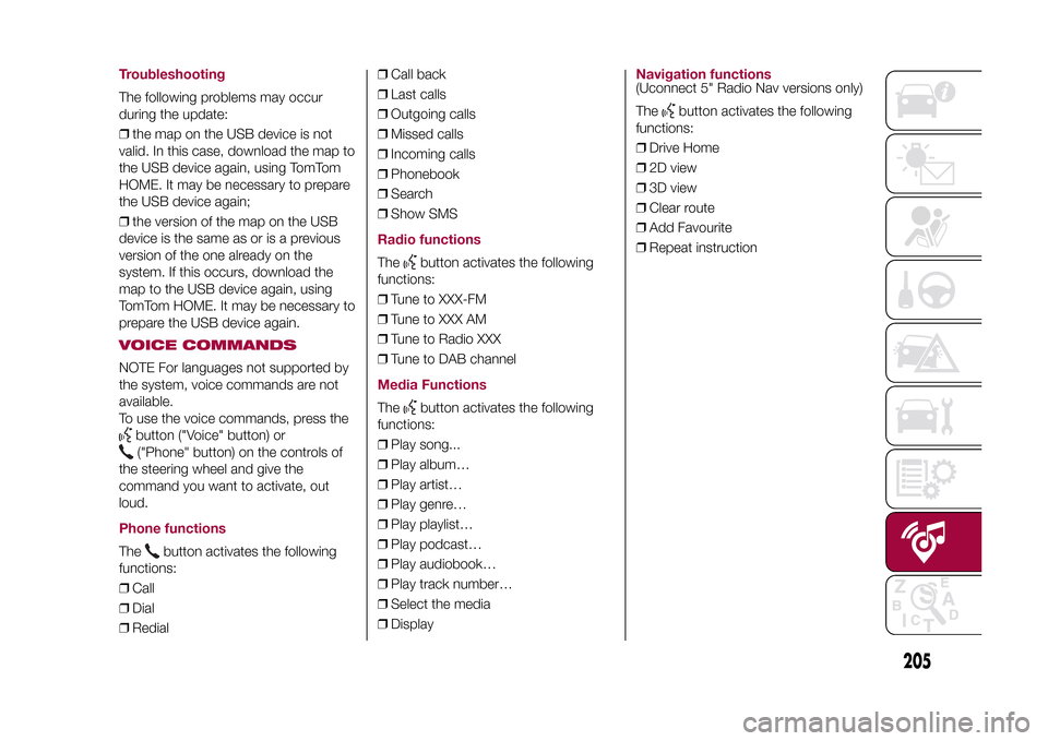 FIAT 500L LIVING 2015 2.G Owners Manual TroubleshootingThe following problems may occur
during the update:
❒the map on the USB device is not
valid. In this case, download the map to
the USB device again, using TomTom
HOME. It may be neces