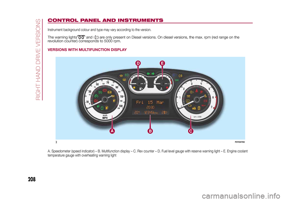 FIAT 500L LIVING 2015 2.G Owners Manual CONTROL PANEL AND INSTRUMENTSInstrument background colour and type may vary according to the version.The warning lights
and
are only present on Diesel versions. On diesel versions, the max. rpm (red r FIAT 500L LIVING 2015 2.G Owners Manual CONTROL PANEL AND INSTRUMENTSInstrument background colour and type may vary according to the version.The warning lights
and
are only present on Diesel versions. On diesel versions, the max. rpm (red r