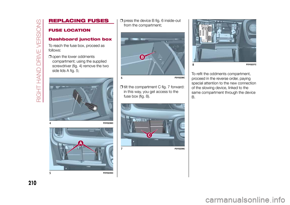 FIAT 500L LIVING 2015 2.G Owners Manual REPLACING FUSESFUSE LOCATION
Dashboard junction boxTo reach the fuse box, proceed as
follows:
❒open the lower oddments
compartment; using the supplied
screwdriver (fig. 4) remove the two
side lids A