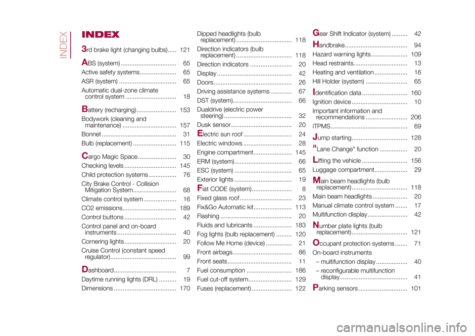 FIAT 500L LIVING 2015 2.G Owners Manual INDEX
3rd brake light (changing bulbs)..... 121A
BS (system) ................................ 65
Active safety systems ..................... 65
ASR (system) ................................. 65
Automa