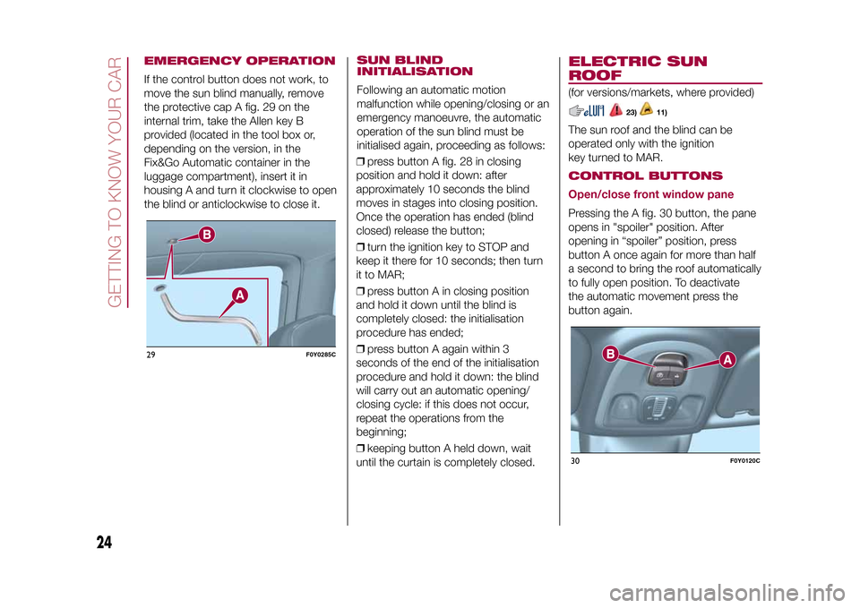 FIAT 500L LIVING 2015 2.G Owners Manual EMERGENCY OPERATIONIf the control button does not work, to
move the sun blind manually, remove
the protective cap A fig. 29 on the
internal trim, take the Allen key B
provided (located in the tool box