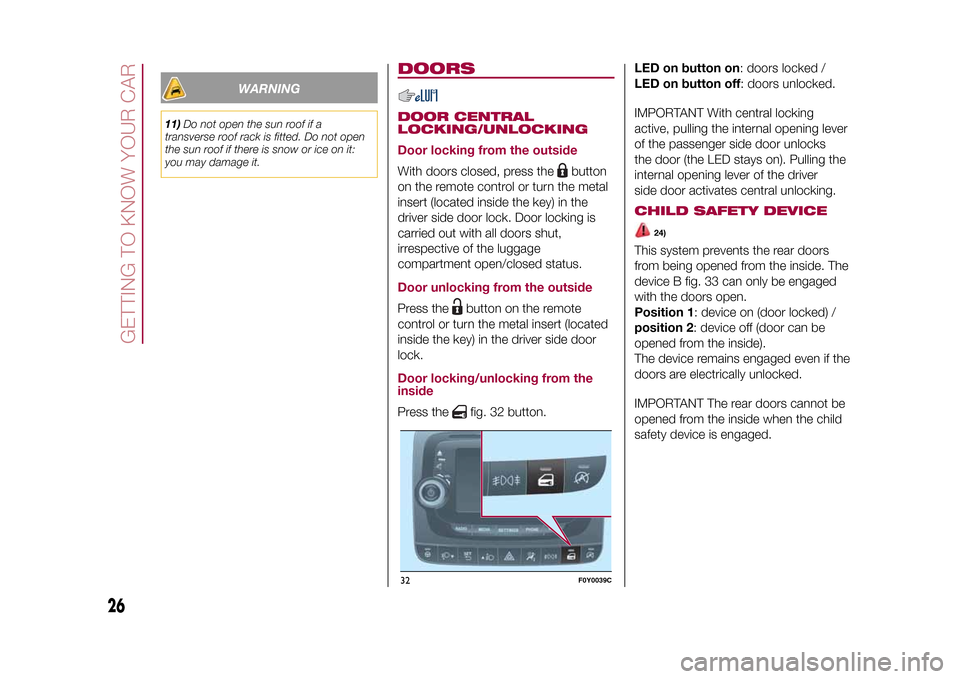 FIAT 500L LIVING 2015 2.G Owners Manual WARNING
11)Do not open the sun roof if a
transverse roof rack is fitted. Do not open
the sun roof if there is snow or ice on it:
you may damage it.
DOORSDOOR CENTRAL
LOCKING/UNLOCKING
Door locking fro