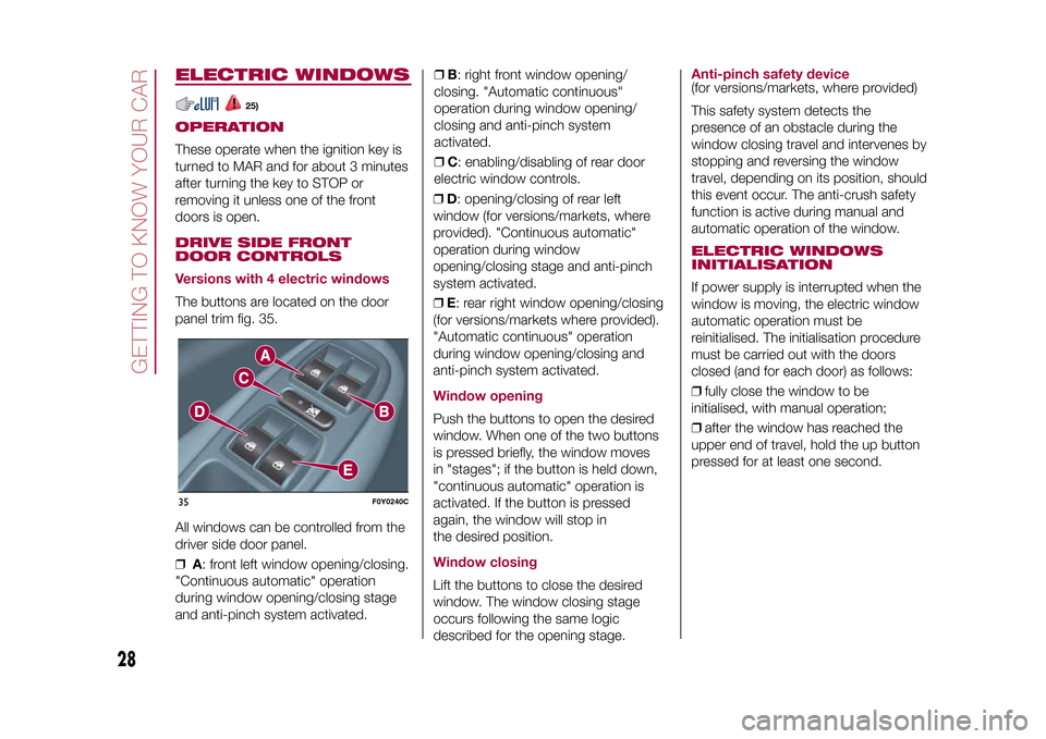 FIAT 500L LIVING 2015 2.G Owners Manual DRIVE SIDE FRONT
DOOR CONTROLS
Versions with 4 electric windowsThe buttons are located on the door
panel trim fig. 35.
All windows can be controlled from the
driver side door panel.
❒A: front left w