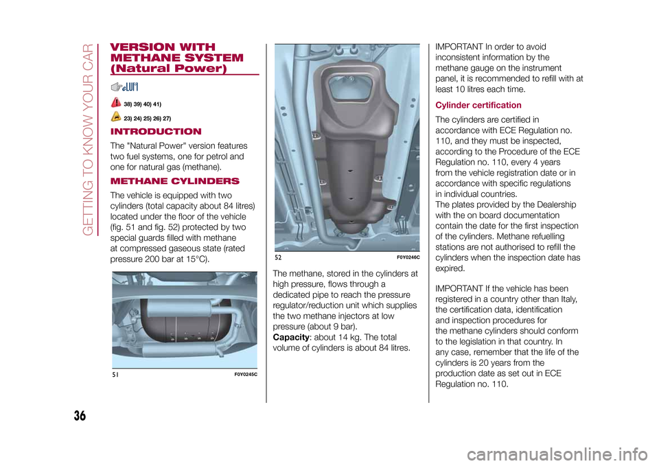 FIAT 500L LIVING 2015 2.G Owners Guide VERSION WITH
METHANE SYSTEM
(Natural Power)
38) 39) 40) 41)23) 24) 25) 26) 27)
INTRODUCTIONThe "Natural Power" version features
two fuel systems, one for petrol and
one for natural gas (methane).METHA