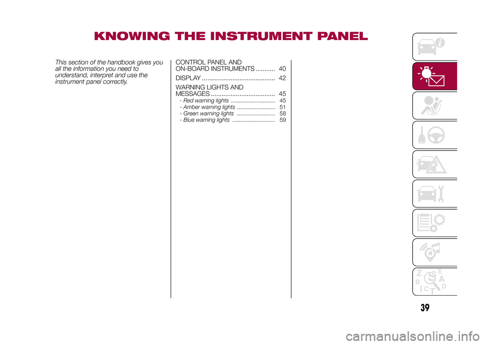 FIAT 500L LIVING 2015 2.G Service Manual KNOWING THE INSTRUMENT PANEL
This section of the handbook gives you
all the information you need to
understand, interpret and use the
instrument panel correctly.CONTROL PANEL AND
ON-BOARD INSTRUMENTS 