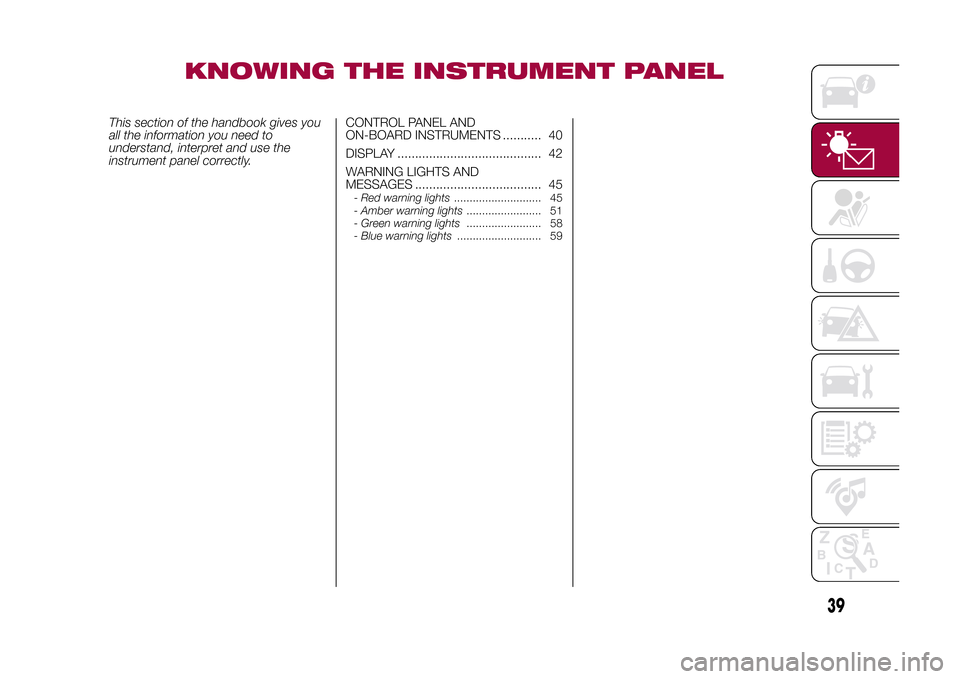 FIAT 500L LIVING 2015 2.G Service Manual KNOWING THE INSTRUMENT PANEL
This section of the handbook gives you
all the information you need to
understand, interpret and use the
instrument panel correctly.CONTROL PANEL AND
ON-BOARD INSTRUMENTS 