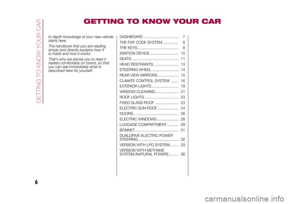 FIAT 500L LIVING 2015 2.G Owners Manual GETTING TO KNOW YOUR CAR
In-depth knowledge of your new vehicle
starts here.
The handbook that you are reading
simply and directly explains how it
is made and how it works.
That’s why we advise you 