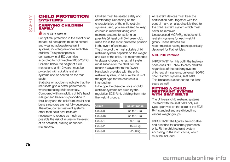 FIAT 500L LIVING 2015 2.G Manual PDF CHILD PROTECTION
SYSTEMSCARRYING CHILDREN
SAFELY
75) 76) 77) 78) 79) 80) 81)
For optimal protection in the event of an
impact, all occupants must be seated
and wearing adequate restraint
systems, incl FIAT 500L LIVING 2015 2.G Manual PDF CHILD PROTECTION
SYSTEMSCARRYING CHILDREN
SAFELY
75) 76) 77) 78) 79) 80) 81)
For optimal protection in the event of an
impact, all occupants must be seated
and wearing adequate restraint
systems, incl
