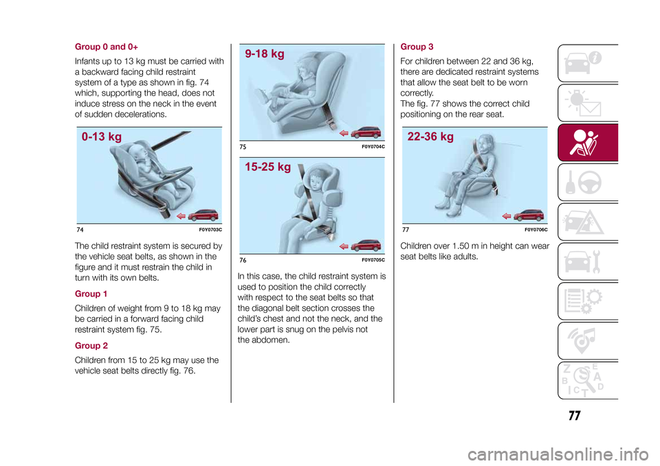 FIAT 500L LIVING 2015 2.G Manual PDF Group 0 and 0+Infants up to 13 kg must be carried with
a backward facing child restraint
system of a type as shown in fig. 74
which, supporting the head, does not
induce stress on the neck in the even FIAT 500L LIVING 2015 2.G Manual PDF Group 0 and 0+Infants up to 13 kg must be carried with
a backward facing child restraint
system of a type as shown in fig. 74
which, supporting the head, does not
induce stress on the neck in the even