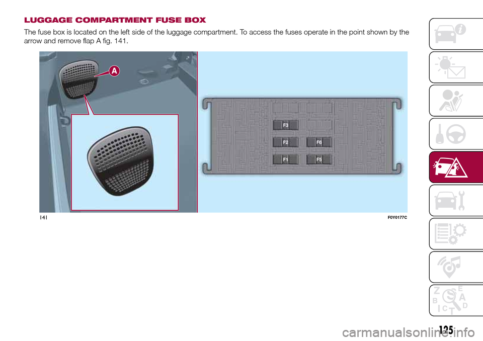 FIAT 500L LIVING 2016 2.G Owners Manual LUGGAGE COMPARTMENT FUSE BOX
The fuse box is located on the left side of the luggage compartment. To access the fuses operate in the point shown by the
arrow and remove flap A fig. 141.
141F0Y0177C
12 FIAT 500L LIVING 2016 2.G Owners Manual LUGGAGE COMPARTMENT FUSE BOX
The fuse box is located on the left side of the luggage compartment. To access the fuses operate in the point shown by the
arrow and remove flap A fig. 141.
141F0Y0177C
12