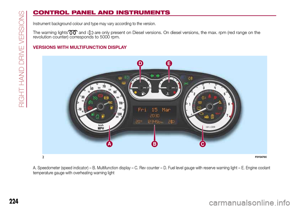 FIAT 500L LIVING 2016 2.G User Guide CONTROL PANEL AND INSTRUMENTS
Instrument background colour and type may vary according to the version.
The warning lightsandare only present on Diesel versions. On diesel versions, the max. rpm (red r