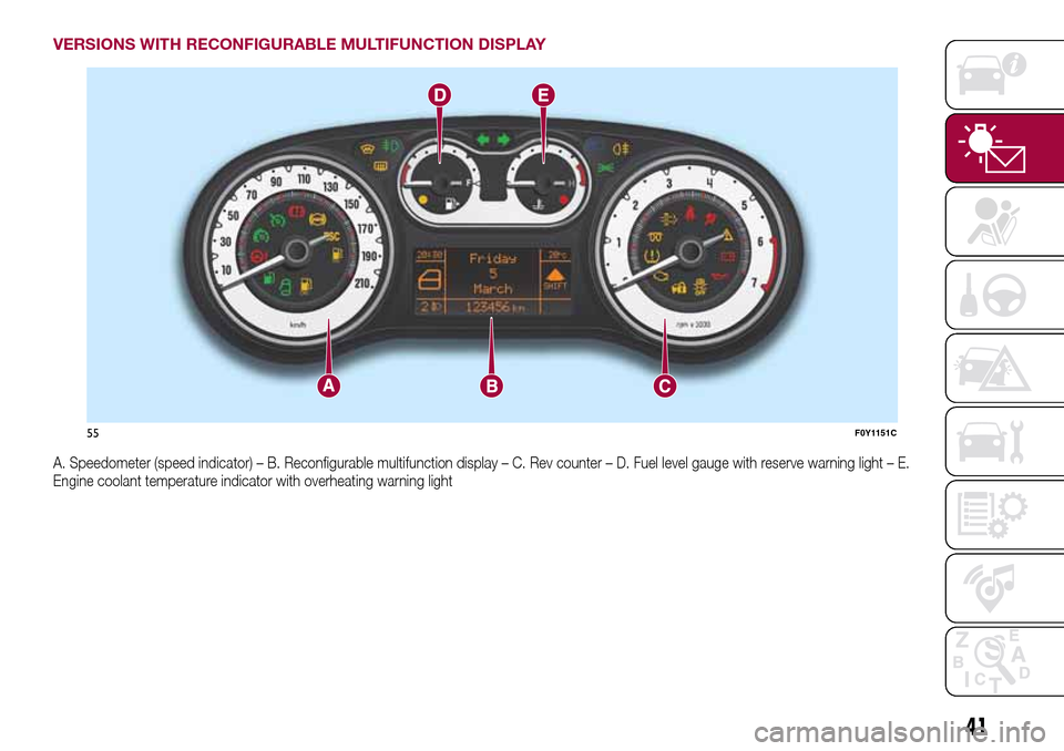 FIAT 500L LIVING 2016 2.G Owners Manual VERSIONS WITH RECONFIGURABLE MULTIFUNCTION DISPLAY
A. Speedometer (speed indicator) – B. Reconfigurable multifunction display – C. Rev counter – D. Fuel level gauge with reserve warning light FIAT 500L LIVING 2016 2.G Owners Manual VERSIONS WITH RECONFIGURABLE MULTIFUNCTION DISPLAY
A. Speedometer (speed indicator) – B. Reconfigurable multifunction display – C. Rev counter – D. Fuel level gauge with reserve warning light