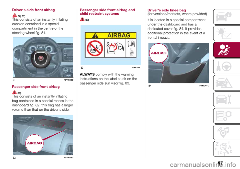 FIAT 500L LIVING 2016 2.G Owners Manual Passenger side front airbag
88)This consists of an instantly inflating
bag contained in a special recess in the
dashboard fig. 82; this bag has a larger
volume than that on the drivers side.
Passenge