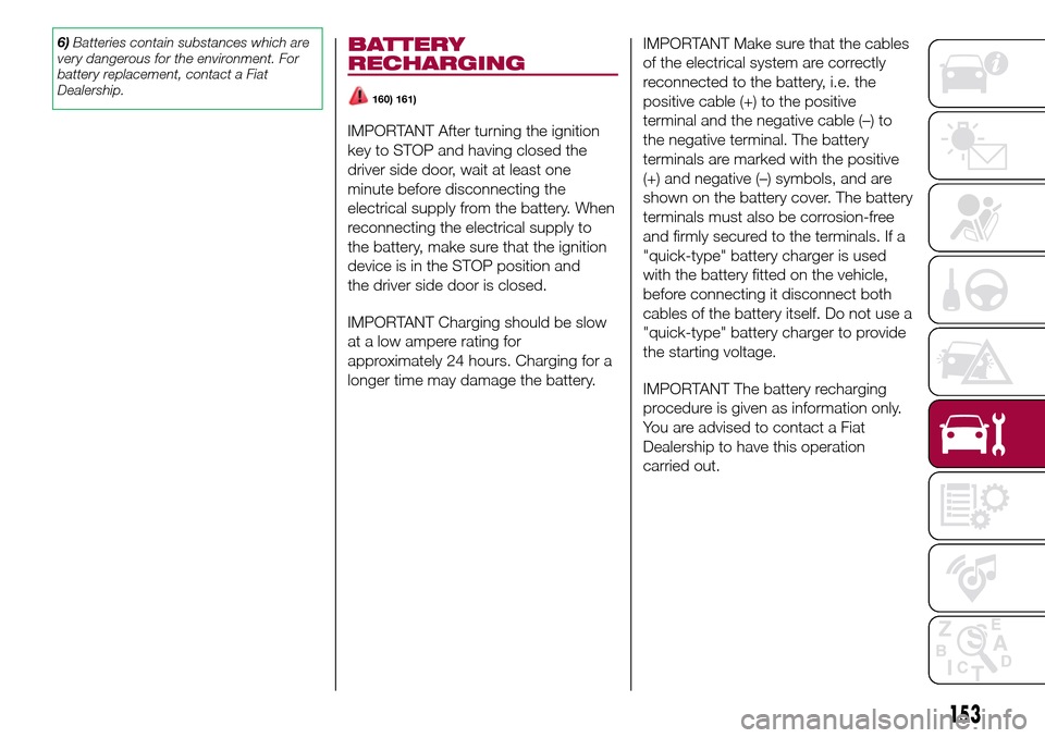 FIAT 500L LIVING 2017 2.G Owners Manual 6)Batteries contain substances which are
very dangerous for the environment. For
battery replacement, contact a Fiat
Dealership.BATTERY
RECHARGING
160) 161)
IMPORTANT After turning the ignition
key to FIAT 500L LIVING 2017 2.G Owners Manual 6)Batteries contain substances which are
very dangerous for the environment. For
battery replacement, contact a Fiat
Dealership.BATTERY
RECHARGING
160) 161)
IMPORTANT After turning the ignition
key to