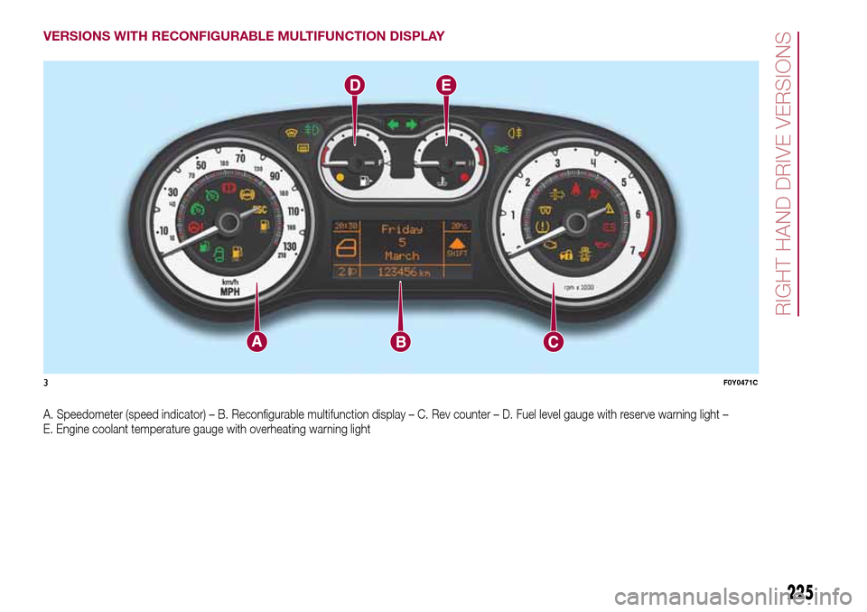FIAT 500L LIVING 2017 2.G Owners Manual VERSIONS WITH RECONFIGURABLE MULTIFUNCTION DISPLAY
A. Speedometer (speed indicator) – B. Reconfigurable multifunction display – C. Rev counter – D. Fuel level gauge with reserve warning light FIAT 500L LIVING 2017 2.G Owners Manual VERSIONS WITH RECONFIGURABLE MULTIFUNCTION DISPLAY
A. Speedometer (speed indicator) – B. Reconfigurable multifunction display – C. Rev counter – D. Fuel level gauge with reserve warning light
