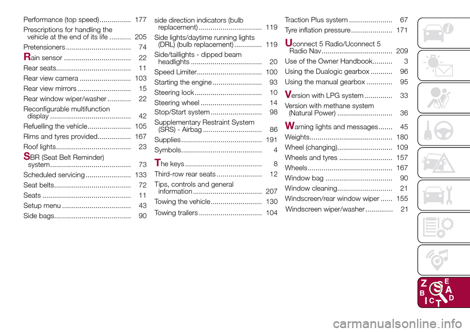 FIAT 500L LIVING 2017 2.G Owners Manual Performance (top speed) ................ 177
Prescriptions for handling the
vehicle at the end of its life ........... 205
Pretensioners ................................. 74
Rain sensor ..............