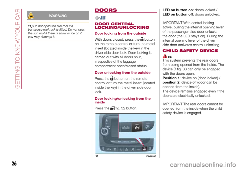 FIAT 500L LIVING 2017 2.G Owners Manual WARNING
11)Do not open the sun roof if a
transverse roof rack is fitted. Do not open
the sun roof if there is snow or ice on it:
you may damage it.
DOORS
DOOR CENTRAL
LOCKING/UNLOCKING
Door locking fr FIAT 500L LIVING 2017 2.G Owners Manual WARNING
11)Do not open the sun roof if a
transverse roof rack is fitted. Do not open
the sun roof if there is snow or ice on it:
you may damage it.
DOORS
DOOR CENTRAL
LOCKING/UNLOCKING
Door locking fr