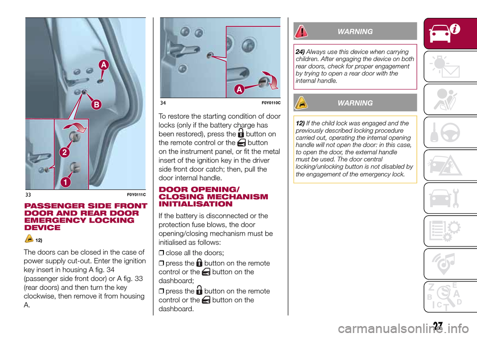 FIAT 500L LIVING 2017 2.G Owners Manual The doors can be closed in the case of
power supply cut-out. Enter the ignition
key insert in housing A fig. 34
(passenger side front door) or A fig. 33
(rear doors) and then turn the key
clockwise, t
