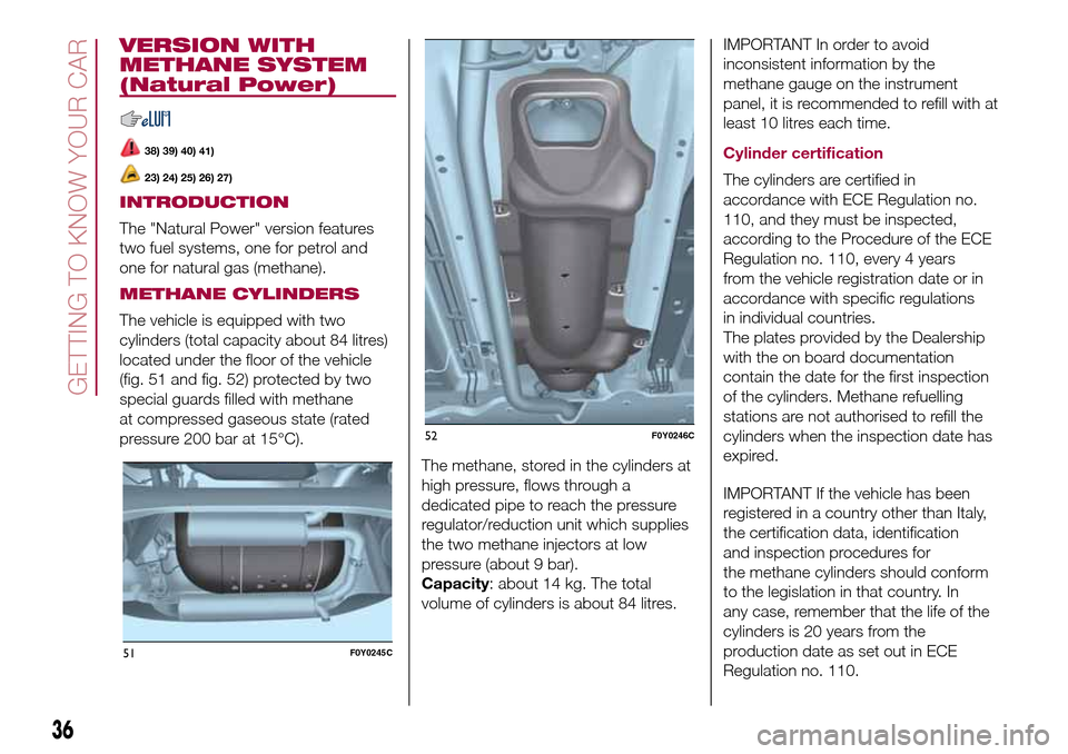 FIAT 500L LIVING 2017 2.G Owners Guide VERSION WITH
METHANE SYSTEM
(Natural Power)
38) 39) 40) 41)
23) 24) 25) 26) 27)
INTRODUCTION
The "Natural Power" version features
two fuel systems, one for petrol and
one for natural gas (methane).
ME