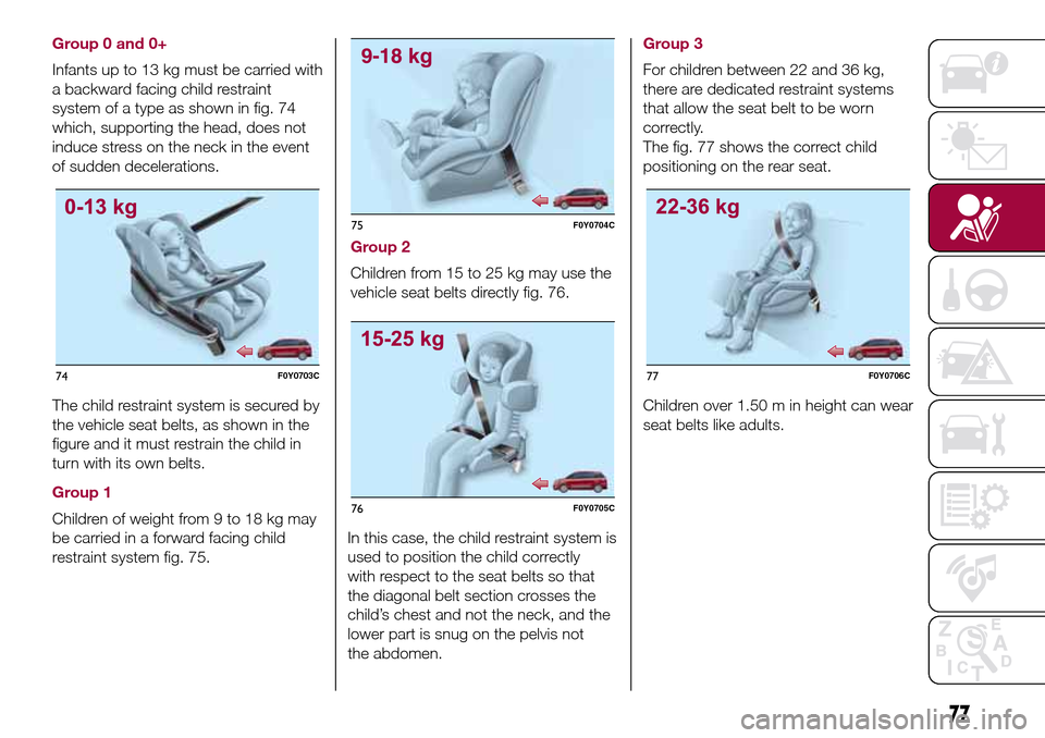 FIAT 500L LIVING 2017 2.G Manual PDF Group 0 and 0+
Infants up to 13 kg must be carried with
a backward facing child restraint
system of a type as shown in fig. 74
which, supporting the head, does not
induce stress on the neck in the eve FIAT 500L LIVING 2017 2.G Manual PDF Group 0 and 0+
Infants up to 13 kg must be carried with
a backward facing child restraint
system of a type as shown in fig. 74
which, supporting the head, does not
induce stress on the neck in the eve