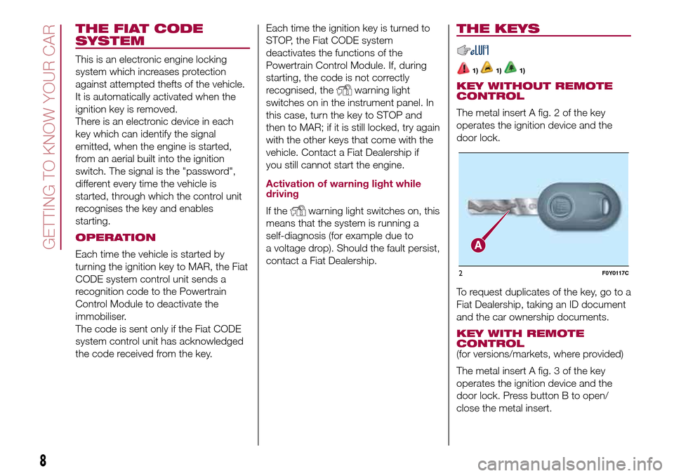 FIAT 500L LIVING 2017 2.G Owners Manual THE FIAT CODE
SYSTEM
This is an electronic engine locking
system which increases protection
against attempted thefts of the vehicle.
It is automatically activated when the
ignition key is removed.
The