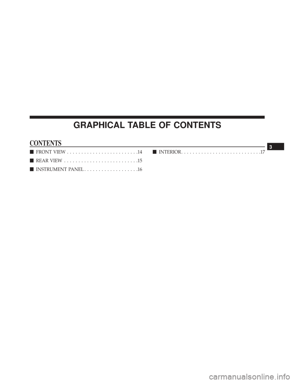 FIAT 500X 2014 2.G User Guide GRAPHICAL TABLE OF CONTENTS
CONTENTS
FRONT VIEW .........................14
 REAR VIEW ..........................15
 INSTRUMENT PANEL ...................16 
INTERIOR ............................17