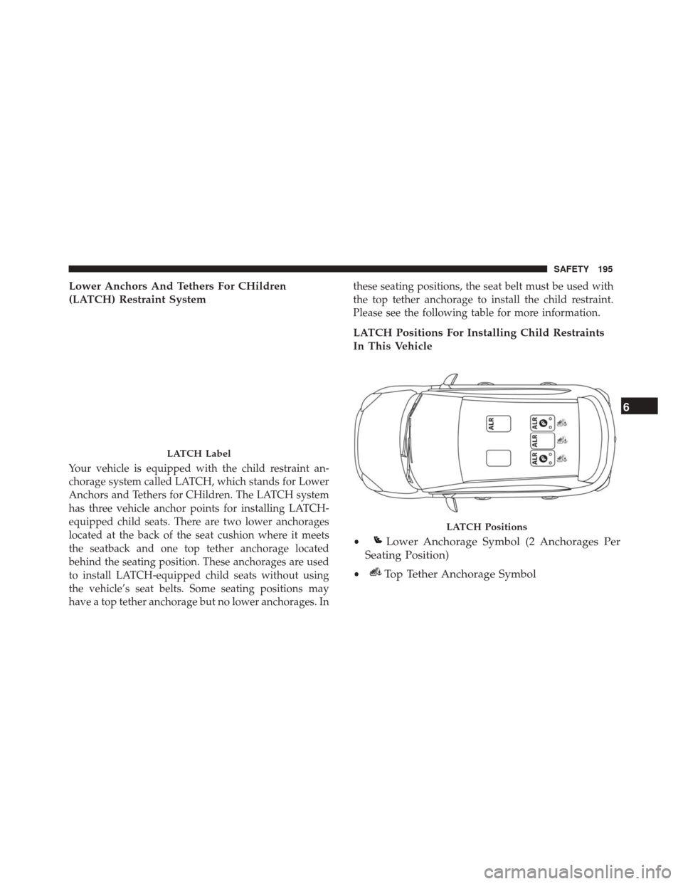 FIAT 500X 2014 2.G Owners Manual Lower Anchors And Tethers For CHildren
(LATCH) Restraint System
Your vehicle is equipped with the child restraint an-
chorage system called LATCH, which stands for Lower
Anchors and Tethers for CHildr FIAT 500X 2014 2.G Owners Manual Lower Anchors And Tethers For CHildren
(LATCH) Restraint System
Your vehicle is equipped with the child restraint an-
chorage system called LATCH, which stands for Lower
Anchors and Tethers for CHildr