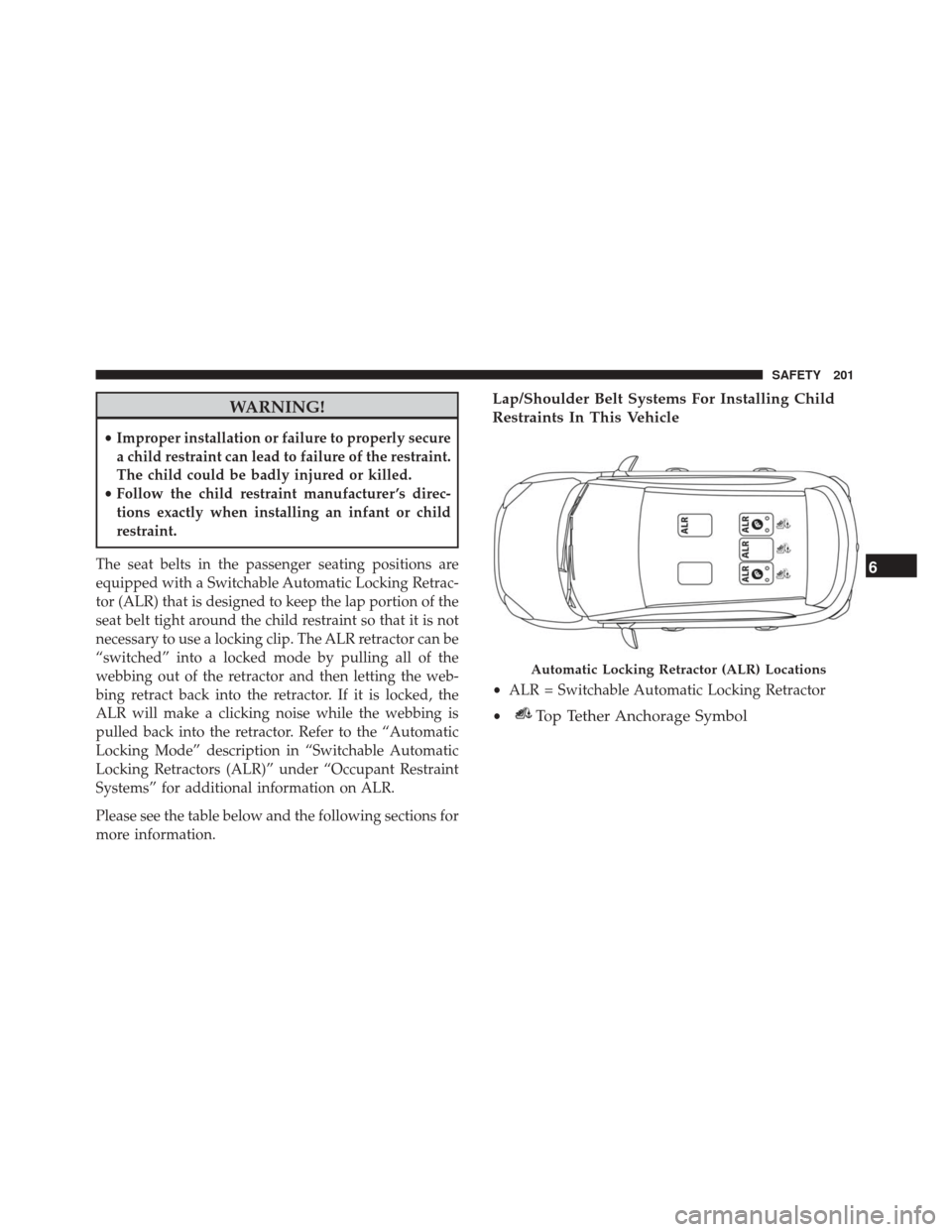 FIAT 500X 2014 2.G Owners Manual WARNING!
•Improper installation or failure to properly secure
a child restraint can lead to failure of the restraint.
The child could be badly injured or killed.
• Follow the child restraint manuf FIAT 500X 2014 2.G Owners Manual WARNING!
•Improper installation or failure to properly secure
a child restraint can lead to failure of the restraint.
The child could be badly injured or killed.
• Follow the child restraint manuf