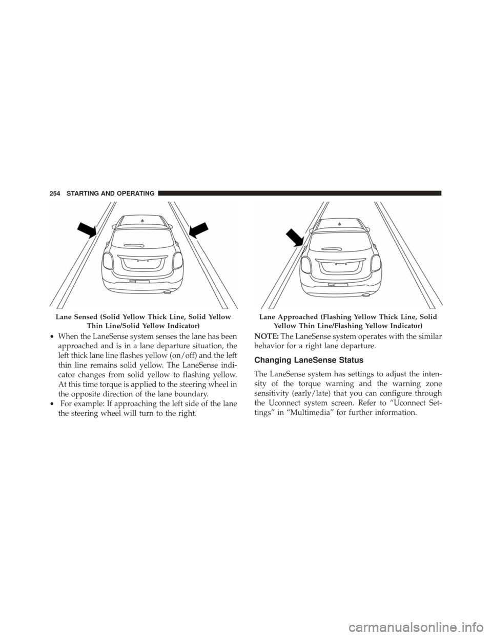 FIAT 500X 2014 2.G Owners Manual •When the LaneSense system senses the lane has been
approached and is in a lane departure situation, the
left thick lane line flashes yellow (on/off) and the left
thin line remains solid yellow. The