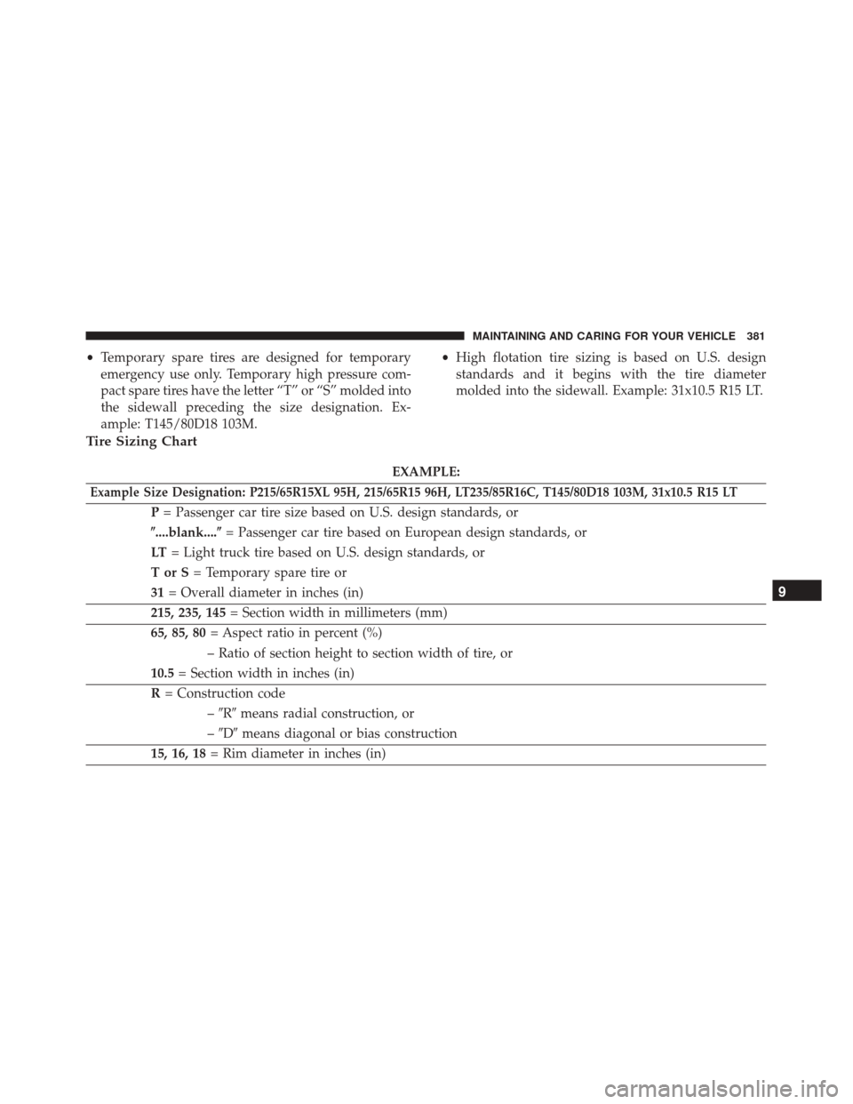 FIAT 500X 2014 2.G Owners Manual •Temporary spare tires are designed for temporary
emergency use only. Temporary high pressure com-
pact spare tires have the letter “T” or “S” molded into
the sidewall preceding the size des