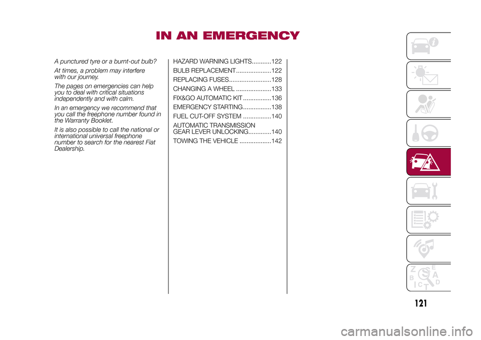 FIAT 500X 2015 2.G Owners Manual IN AN EMERGENCY
A punctured tyre or a burnt-out bulb?
At times, a problem may interfere
with our journey.
The pages on emergencies can help
you to deal with critical situations
independently and with 