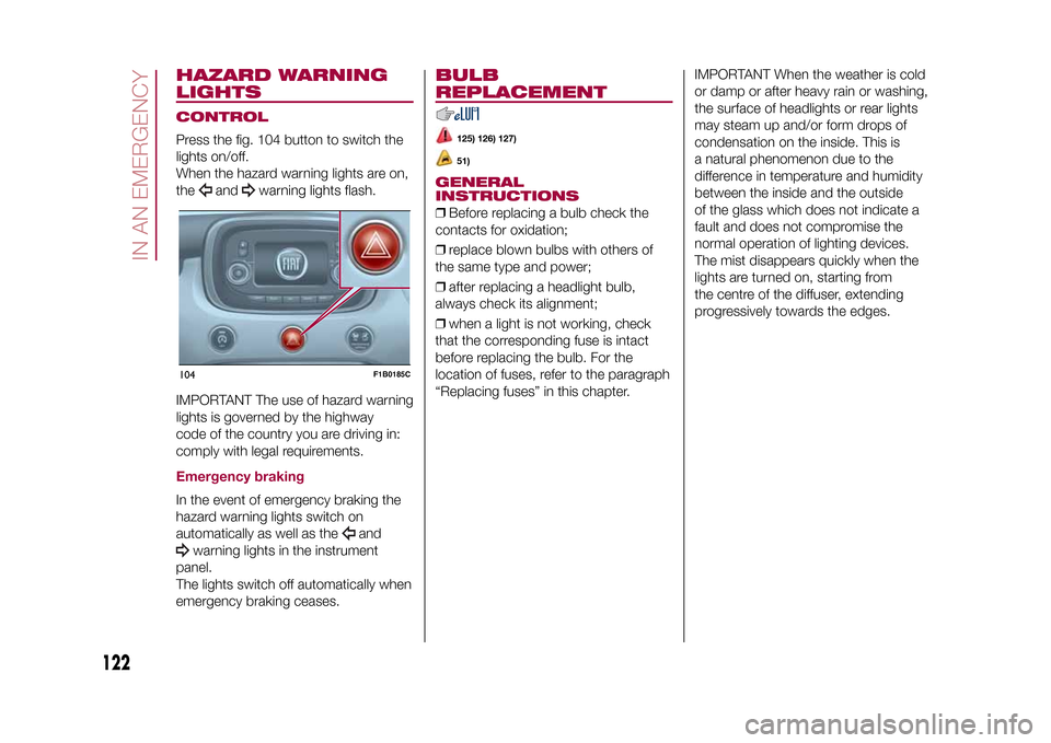 FIAT 500X 2015 2.G Owners Manual HAZARD WARNING
LIGHTSCONTROLPress the fig. 104 button to switch the
lights on/off.
When the hazard warning lights are on,
the
and
warning lights flash.
IMPORTANT The use of hazard warning
lights is go