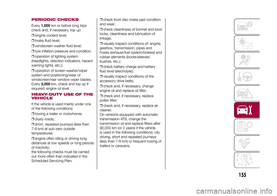 FIAT 500X 2015 2.G Owners Manual PERIODIC CHECKSEvery1,000km or before long trips
check and, if necessary, top up:
❒engine coolant level;
❒brake fluid level;
❒windscreen washer fluid level;
❒tyre inflation pressure and condit