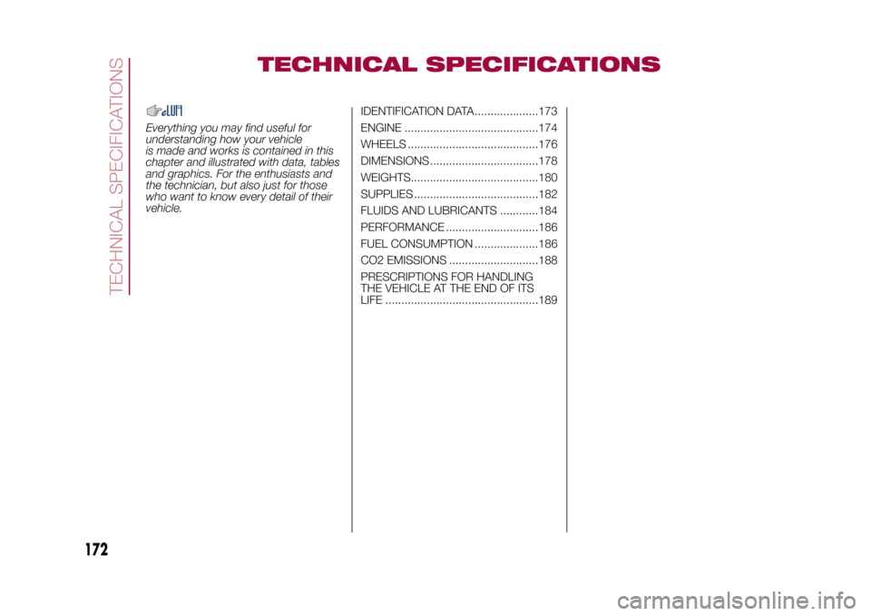 FIAT 500X 2015 2.G Owners Manual TECHNICAL SPECIFICATIONS
Everything you may find useful for
understanding how your vehicle
is made and works is contained in this
chapter and illustrated with data, tables
and graphics. For the enthus FIAT 500X 2015 2.G Owners Manual TECHNICAL SPECIFICATIONS
Everything you may find useful for
understanding how your vehicle
is made and works is contained in this
chapter and illustrated with data, tables
and graphics. For the enthus