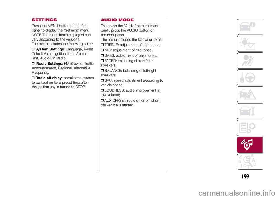 FIAT 500X 2015 2.G Owners Manual SETTINGSPress the MENU button on the front
panel to display the "Settings" menu.
NOTE The menu items displayed can
vary according to the versions.
The menu includes the following items:
❒System Sett FIAT 500X 2015 2.G Owners Manual SETTINGSPress the MENU button on the front
panel to display the "Settings" menu.
NOTE The menu items displayed can
vary according to the versions.
The menu includes the following items:
❒System Sett