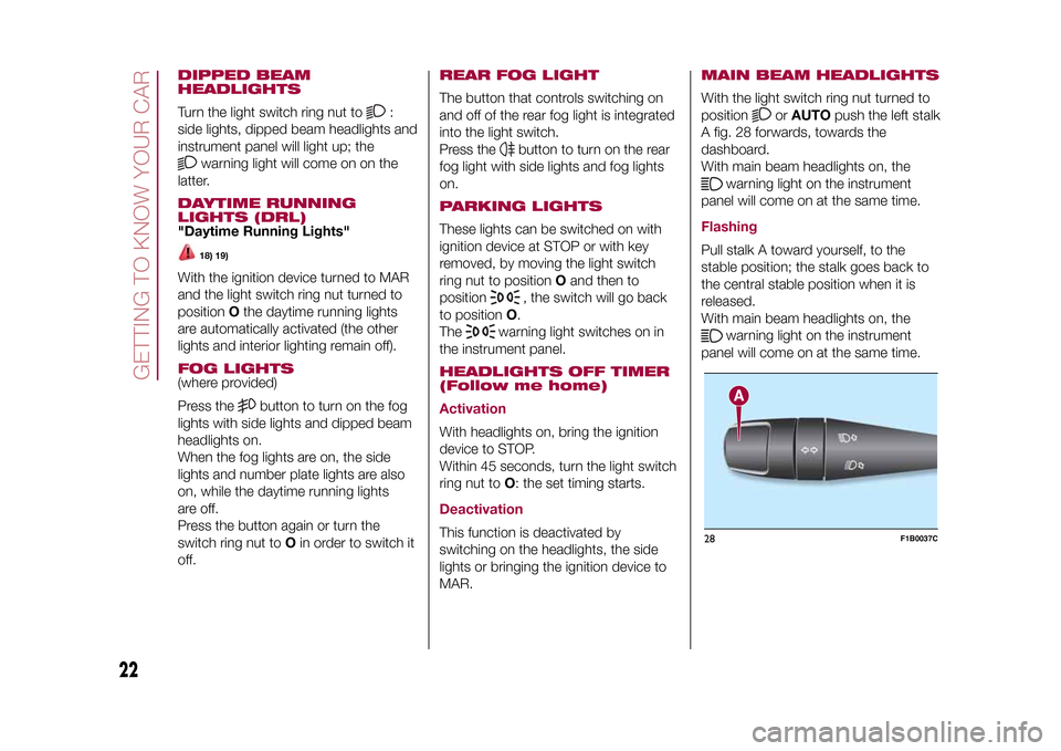 FIAT 500X 2015 2.G Owners Manual DIPPED BEAM
HEADLIGHTSTurn the light switch ring nut to
:
side lights, dipped beam headlights and
instrument panel will light up; the
warning light will come on on the
latter.
DAYTIME RUNNING
LIGHTS ( FIAT 500X 2015 2.G Owners Manual DIPPED BEAM
HEADLIGHTSTurn the light switch ring nut to
:
side lights, dipped beam headlights and
instrument panel will light up; the
warning light will come on on the
latter.
DAYTIME RUNNING
LIGHTS (