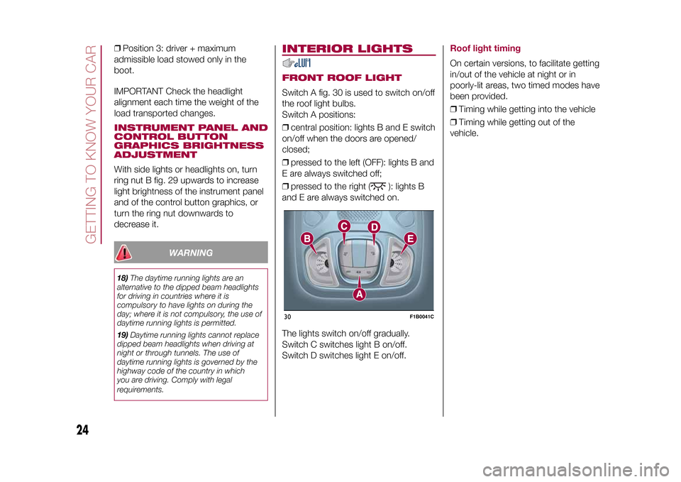 FIAT 500X 2015 2.G Owners Manual ❒Position 3: driver + maximum
admissible load stowed only in the
boot.
IMPORTANT Check the headlight
alignment each time the weight of the
load transported changes.INSTRUMENT PANEL AND
CONTROL BUTTO