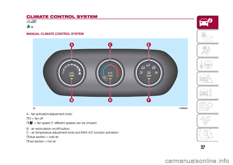 FIAT 500X 2015 2.G Owners Manual CLIMATE CONTROL SYSTEM
2)
MANUAL CLIMATE CONTROL SYSTEMA - fan activation/adjustment knob:
❒0 = fan off
❒
= fan speed (7 different speeds can be chosen)
B - air recirculation on/off button;
C - ai FIAT 500X 2015 2.G Owners Manual CLIMATE CONTROL SYSTEM
2)
MANUAL CLIMATE CONTROL SYSTEMA - fan activation/adjustment knob:
❒0 = fan off
❒
= fan speed (7 different speeds can be chosen)
B - air recirculation on/off button;
C - ai